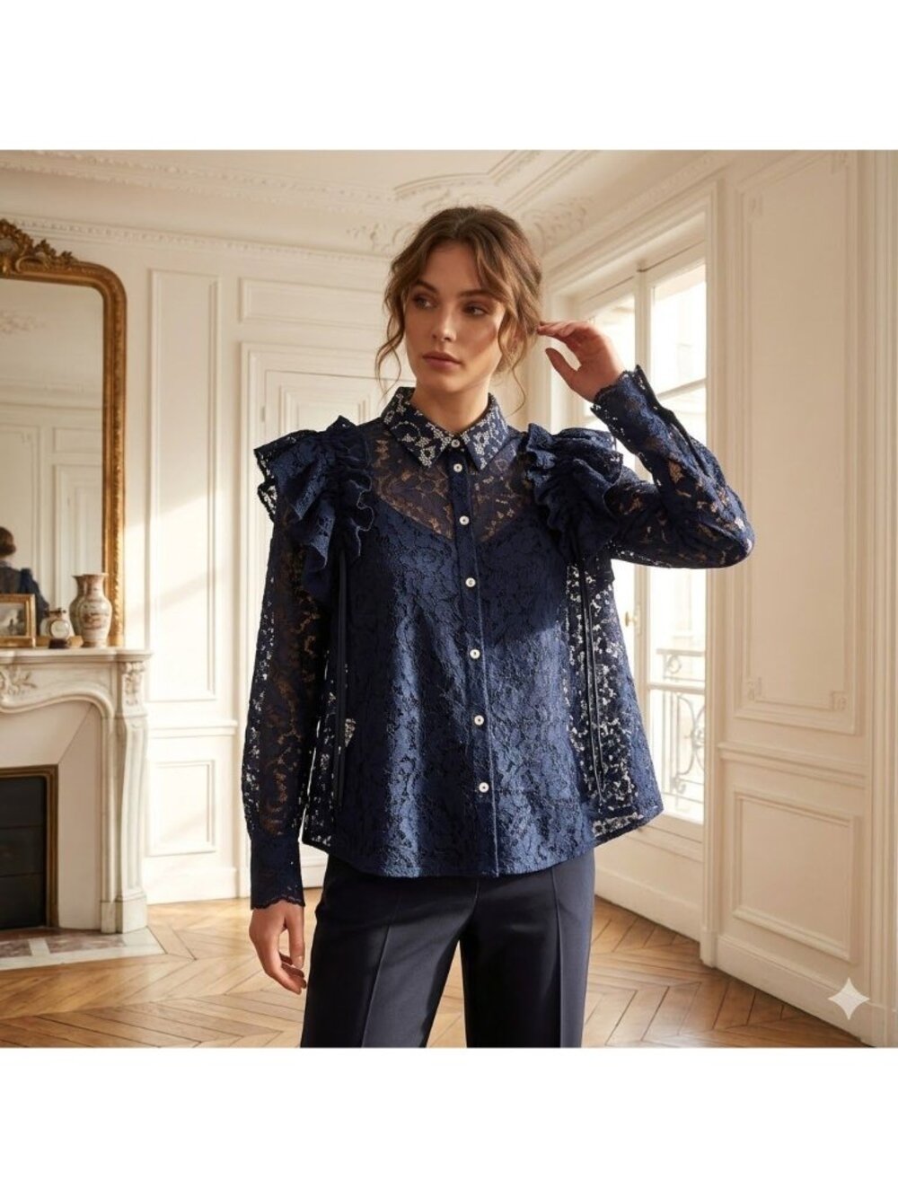CO|TE Navy Lace Ruffle Blouse Milanese Aesthetic Coquette Core Avant Garde 44 8